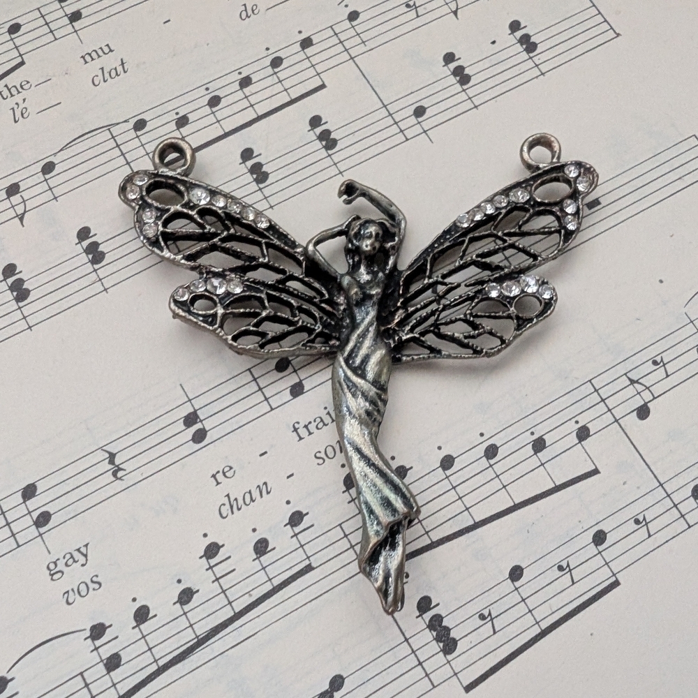 Vintage Silver Fairy Pendant with Rhinestones